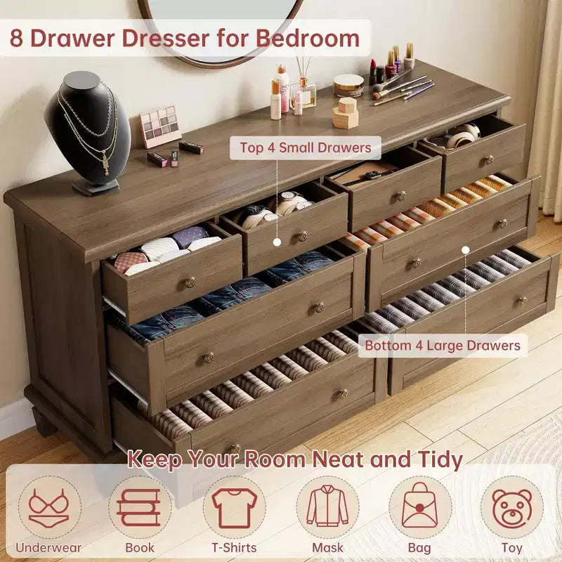 Vintage 8-Drawer Dresser,59 Long TV Stand for Bedroom with Carved Handles, Tapered Wooden Legs, Large Storage Capacity Wooden Chest of Drawers