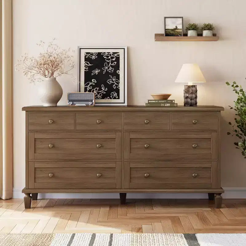 Vintage 8-Drawer Dresser,59 Long TV Stand for Bedroom with Carved Handles, Tapered Wooden Legs, Large Storage Capacity Wooden Chest of Drawers