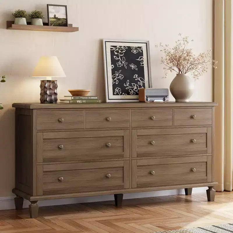 Vintage 8-Drawer Dresser,59 Long TV Stand for Bedroom with Carved Handles, Tapered Wooden Legs, Large Storage Capacity Wooden Chest of Drawers