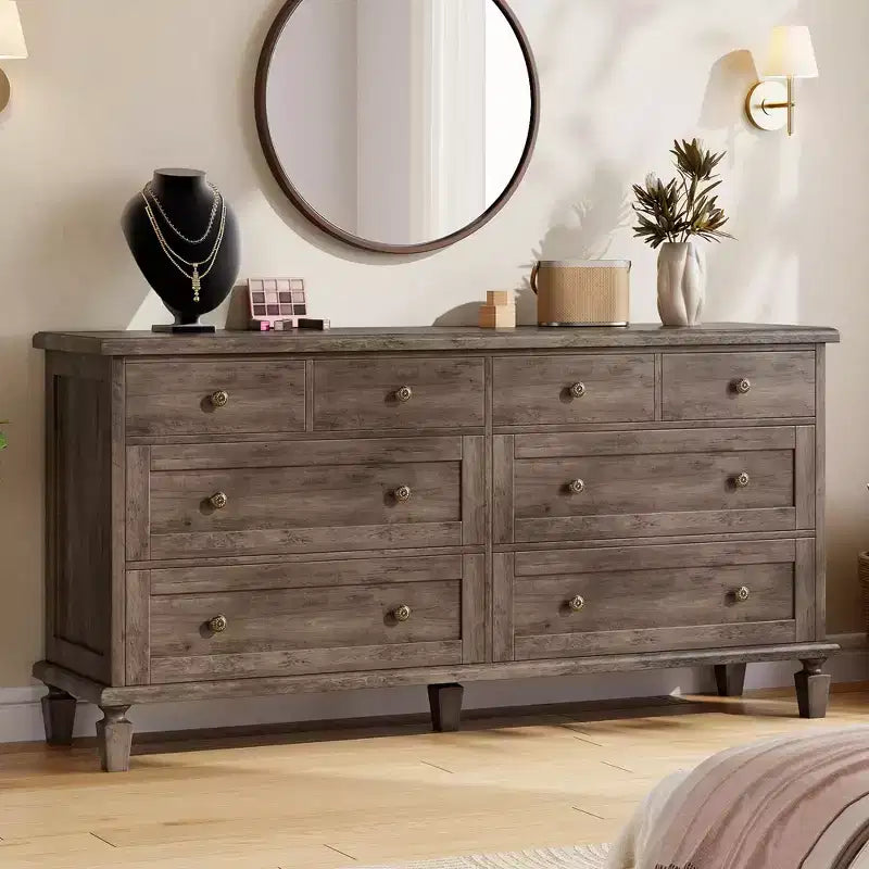 Vintage 8-Drawer Dresser,59 Long TV Stand for Bedroom with Carved Handles, Tapered Wooden Legs, Large Storage Capacity Wooden Chest of Drawers