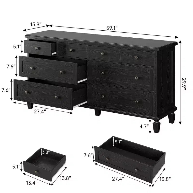 Vintage 8-Drawer Dresser,59 Long TV Stand for Bedroom with Carved Handles, Tapered Wooden Legs, Large Storage Capacity Wooden Chest of Drawers