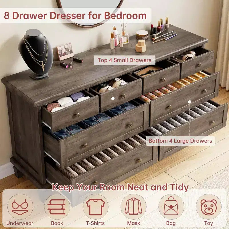Vintage 8-Drawer Dresser,59 Long TV Stand for Bedroom with Carved Handles, Tapered Wooden Legs, Large Storage Capacity Wooden Chest of Drawers