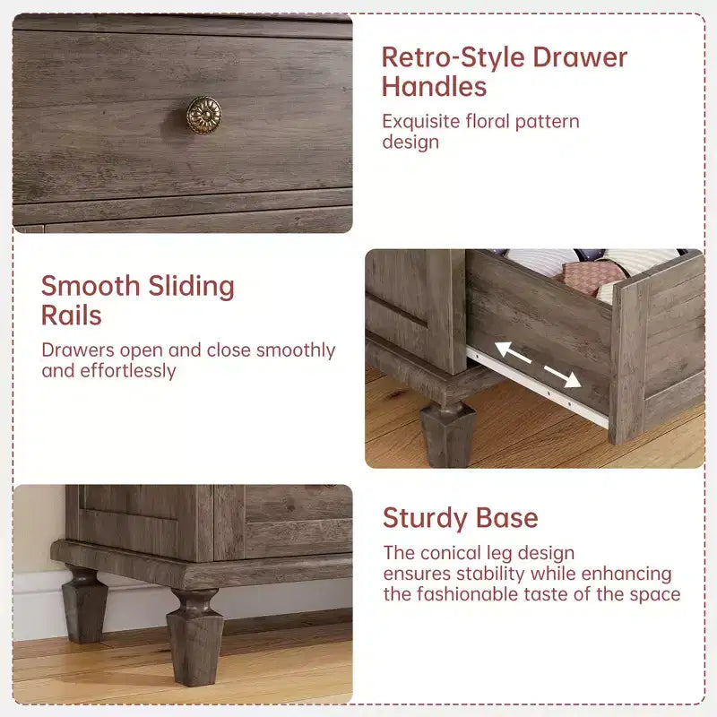 Vintage 8-Drawer Dresser,59 Long TV Stand for Bedroom with Carved Handles, Tapered Wooden Legs, Large Storage Capacity Wooden Chest of Drawers