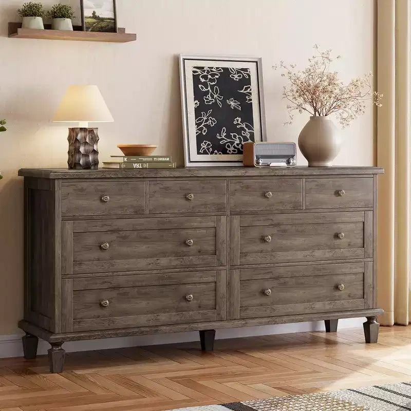 Vintage 8-Drawer Dresser,59 Long TV Stand for Bedroom with Carved Handles, Tapered Wooden Legs, Large Storage Capacity Wooden Chest of Drawers