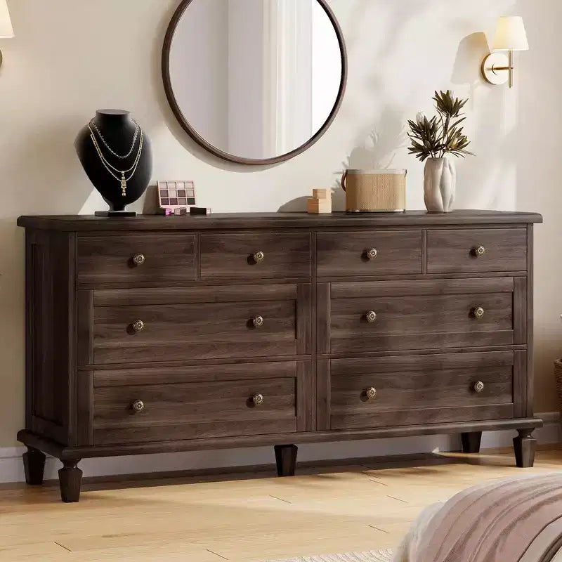 Vintage 8-Drawer Dresser,59 Long TV Stand for Bedroom with Carved Handles, Tapered Wooden Legs, Large Storage Capacity Wooden Chest of Drawers
