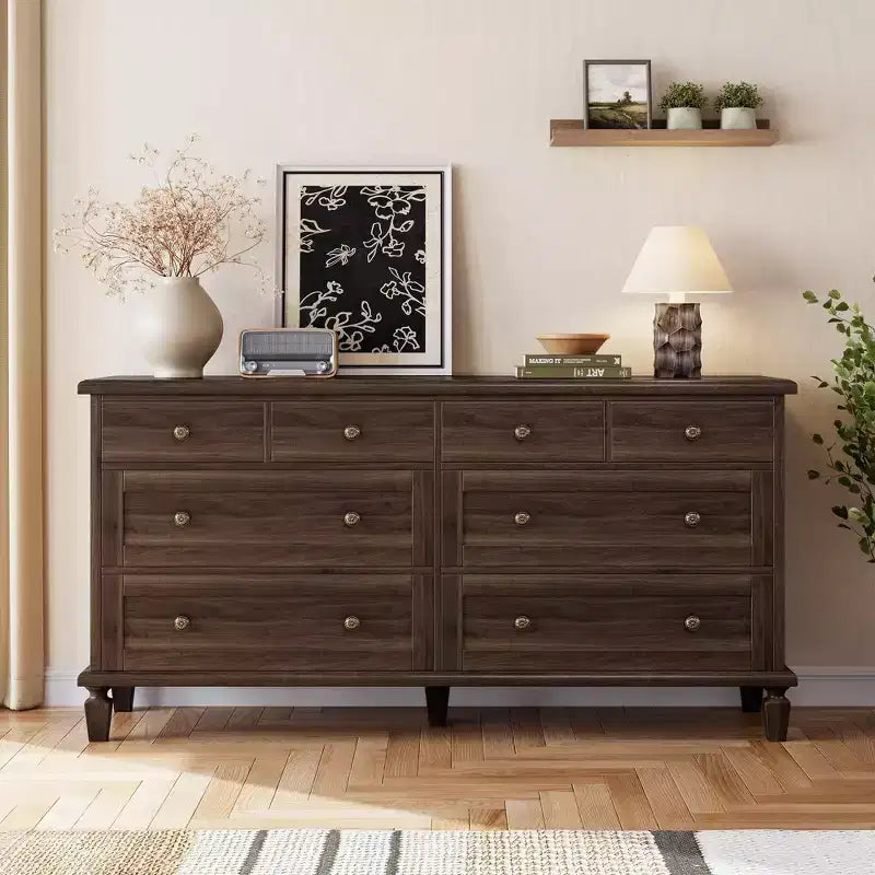 Vintage 8-Drawer Dresser,59 Long TV Stand for Bedroom with Carved Handles, Tapered Wooden Legs, Large Storage Capacity Wooden Chest of Drawers