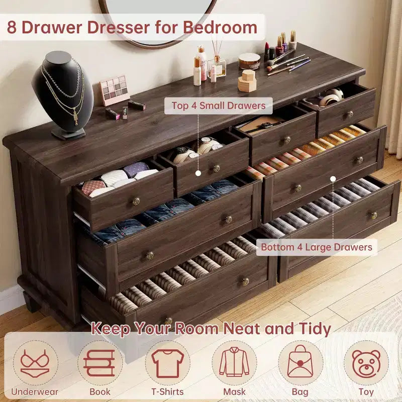 Vintage 8-Drawer Dresser,59 Long TV Stand for Bedroom with Carved Handles, Tapered Wooden Legs, Large Storage Capacity Wooden Chest of Drawers