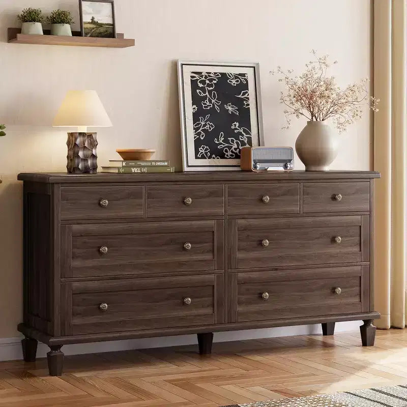 Vintage 8-Drawer Dresser,59 Long TV Stand for Bedroom with Carved Handles, Tapered Wooden Legs, Large Storage Capacity Wooden Chest of Drawers