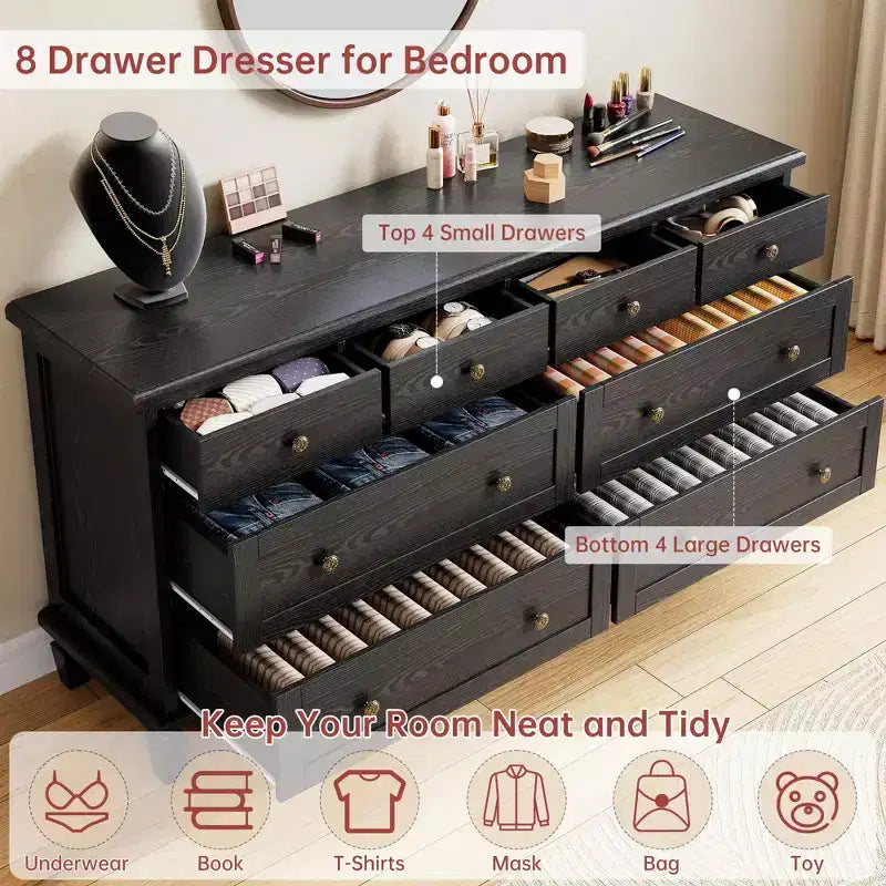 Vintage 8-Drawer Dresser,59 Long TV Stand for Bedroom with Carved Handles, Tapered Wooden Legs, Large Storage Capacity Wooden Chest of Drawers