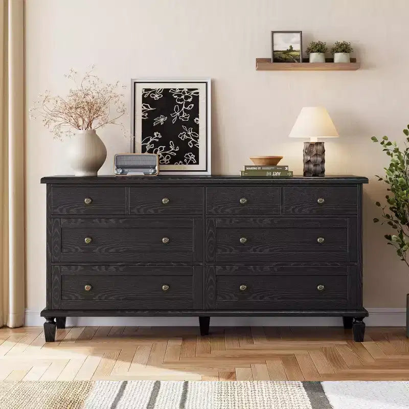Vintage 8-Drawer Dresser,59 Long TV Stand for Bedroom with Carved Handles, Tapered Wooden Legs, Large Storage Capacity Wooden Chest of Drawers