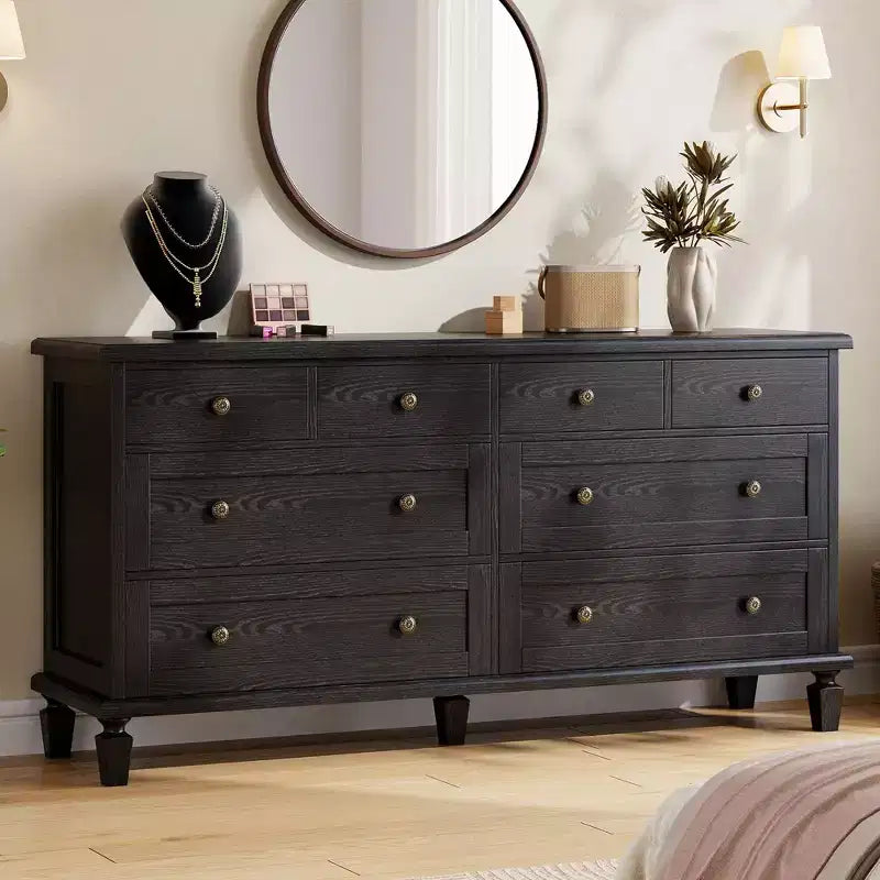 Vintage 8-Drawer Dresser,59 Long TV Stand for Bedroom with Carved Handles, Tapered Wooden Legs, Large Storage Capacity Wooden Chest of Drawers
