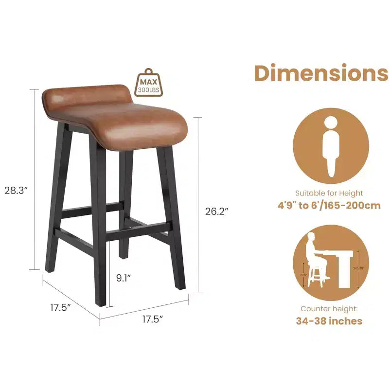 Tabourets de bar hauteur comptoir de 66,5 cm, lot de 2. Structure en bois avec siège large rembourré en cuir PU. Tabourets de bar pour îlot de cuisine