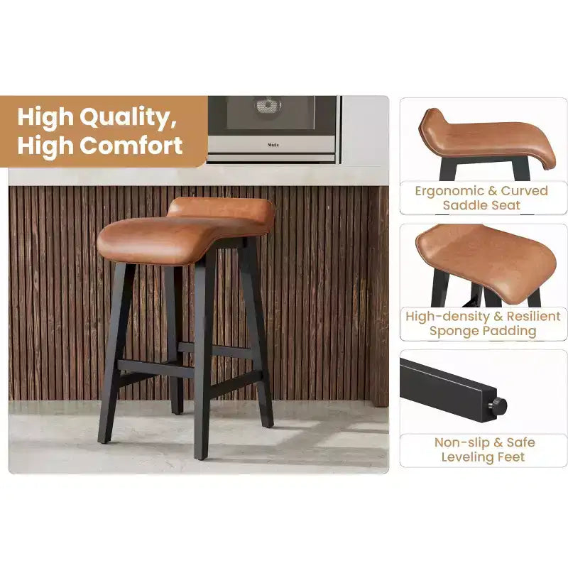 Tabourets de bar hauteur comptoir de 66,5 cm, lot de 2. Structure en bois avec siège large rembourré en cuir PU. Tabourets de bar pour îlot de cuisine