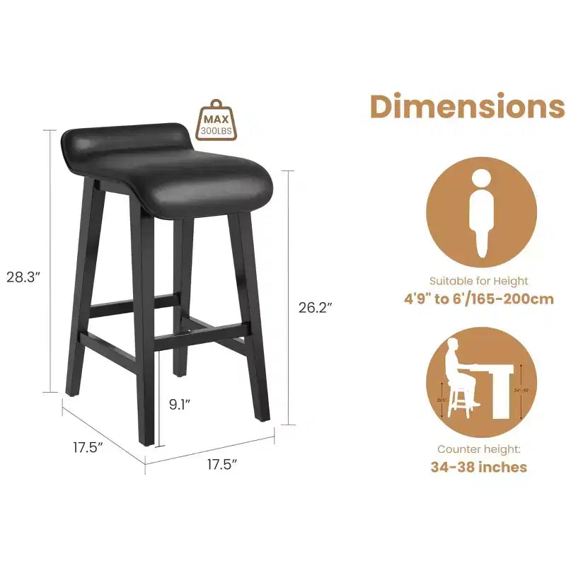 Tabourets de bar hauteur comptoir de 66,5 cm, lot de 2. Structure en bois avec siège large rembourré en cuir PU. Tabourets de bar pour îlot de cuisine