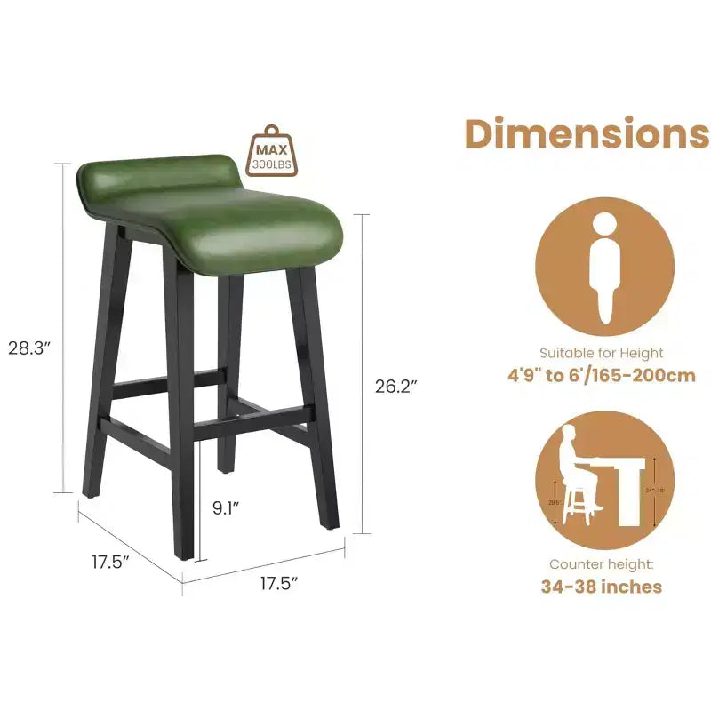 Tabourets de bar hauteur comptoir de 66,5 cm, lot de 2. Structure en bois avec siège large rembourré en cuir PU. Tabourets de bar pour îlot de cuisine