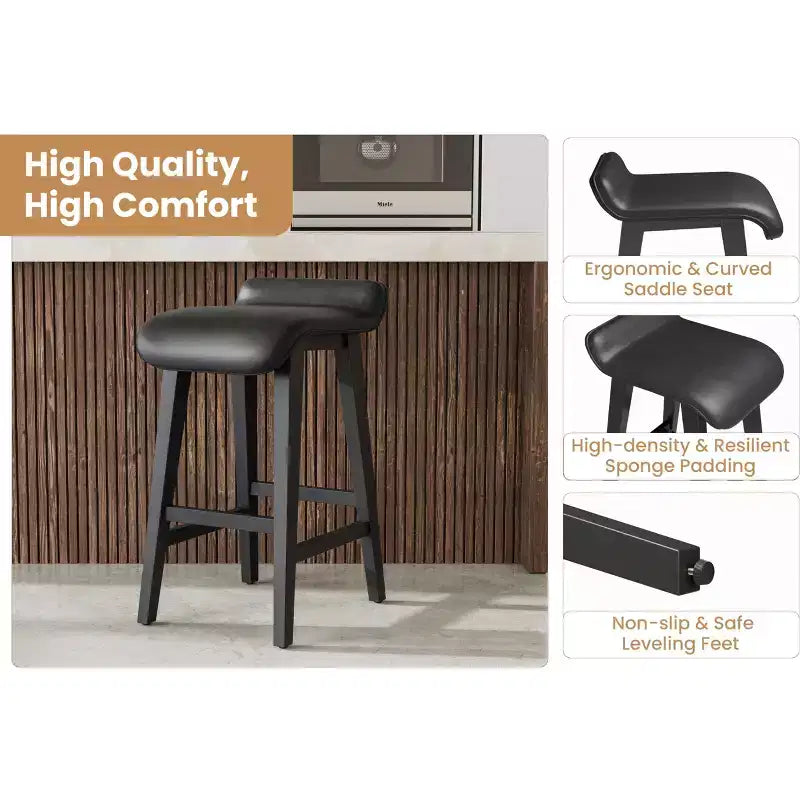 Tabourets de bar hauteur comptoir de 66,5 cm, lot de 2. Structure en bois avec siège large rembourré en cuir PU. Tabourets de bar pour îlot de cuisine