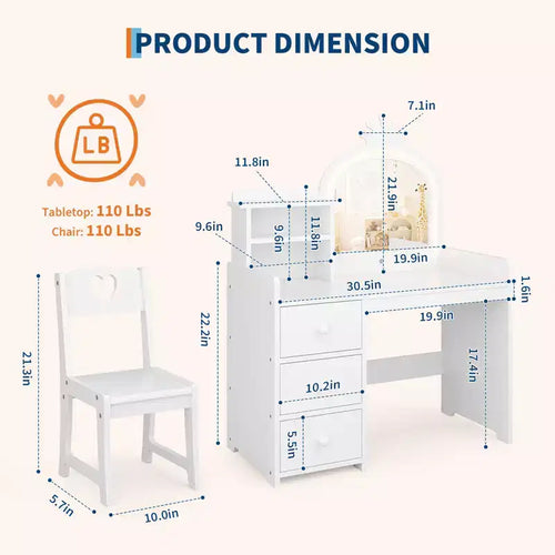 2-in-1 Girls Vanity Table & Study Desk with Lights & Mirror  Kids Wooden Makeup Vanity Set with Storage Shelves, Drawers&Chair, Perfect for Dressing