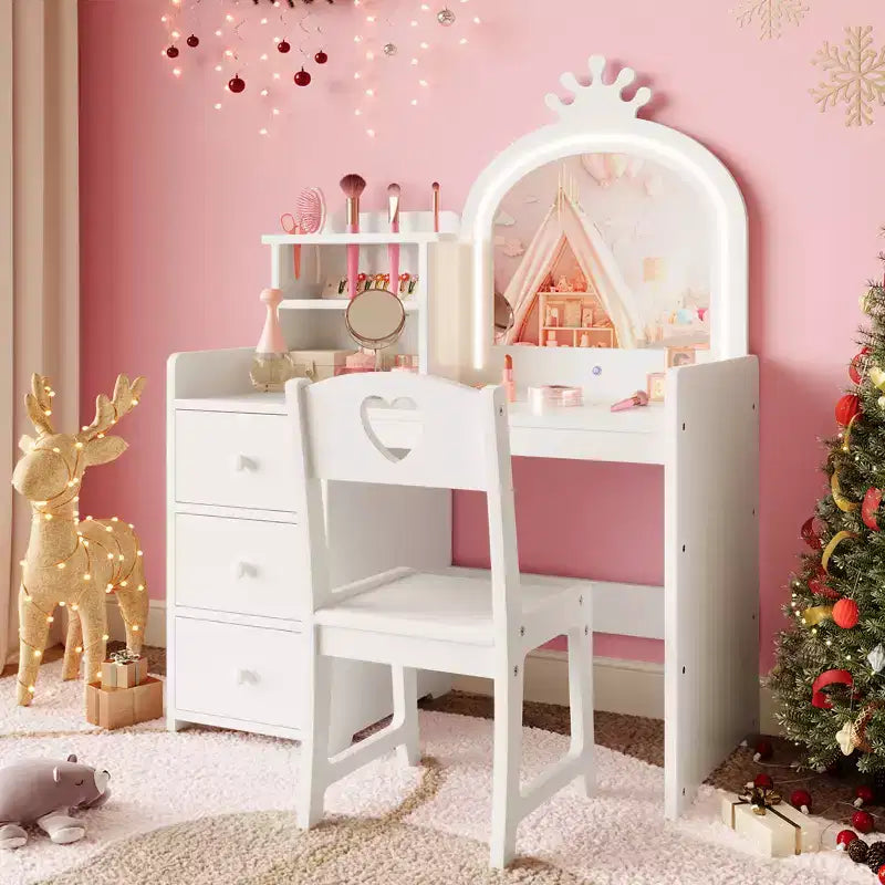 Coiffeuse et bureau d'étude 2-en-1 pour filles avec lumières et miroir, ensemble de coiffeuse en bois pour enfants avec étagères de rangement, tiroirs et chaise, parfait pour s'habiller