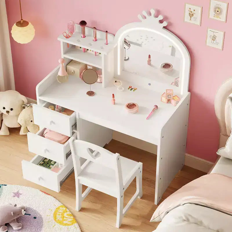 2-in-1 Girls Vanity Table & Study Desk with Lights & Mirror  Kids Wooden Makeup Vanity Set with Storage Shelves, Drawers&Chair, Perfect for Dressing