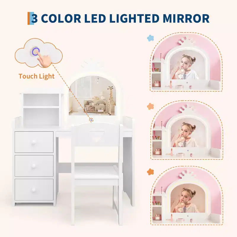 Coiffeuse et bureau d'étude 2-en-1 pour filles avec lumières et miroir, ensemble de coiffeuse en bois pour enfants avec étagères de rangement, tiroirs et chaise, parfait pour s'habiller