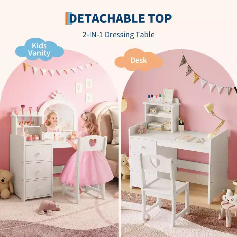 Coiffeuse et bureau d'étude 2-en-1 pour filles avec lumières et miroir, ensemble de coiffeuse en bois pour enfants avec étagères de rangement, tiroirs et chaise, parfait pour s'habiller
