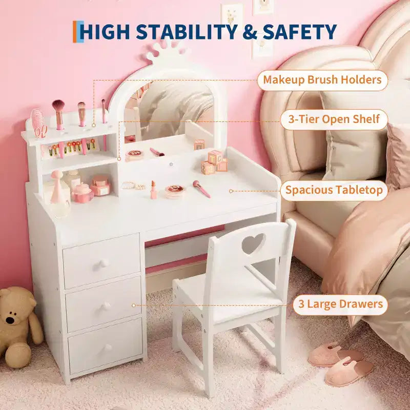 Coiffeuse et bureau d'étude 2-en-1 pour filles avec lumières et miroir, ensemble de coiffeuse en bois pour enfants avec étagères de rangement, tiroirs et chaise, parfait pour s'habiller