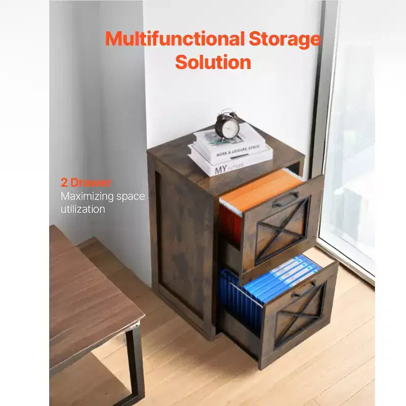 VEVOR Classeur à 2 Tiroirs, Classeurs Verticaux de Rangement pour Bureau à Domicile, Meuble Robuste avec Tige Suspendue Réglable sur 2 Niveaux, Marron