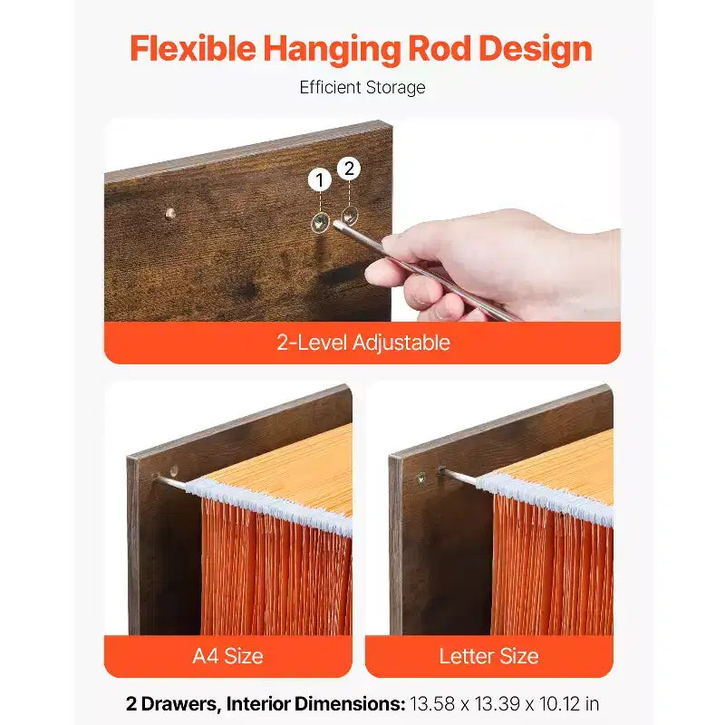 VEVOR Classeur à 2 Tiroirs, Classeurs Verticaux de Rangement pour Bureau à Domicile, Meuble Robuste avec Tige Suspendue Réglable sur 2 Niveaux, Marron