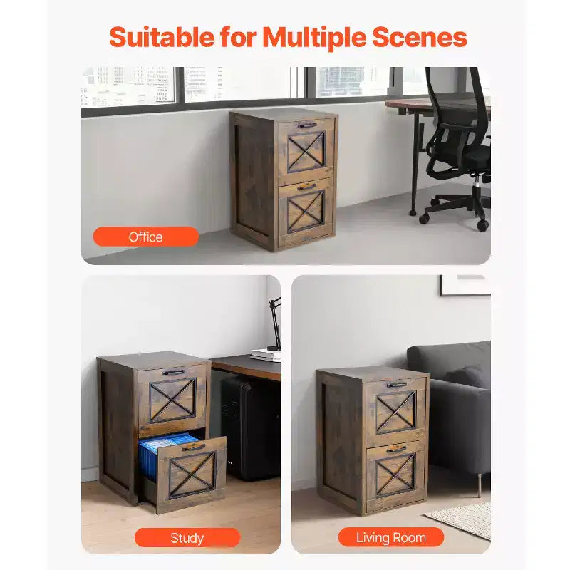 VEVOR Classeur à 2 Tiroirs, Classeurs Verticaux de Rangement pour Bureau à Domicile, Meuble Robuste avec Tige Suspendue Réglable sur 2 Niveaux, Marron