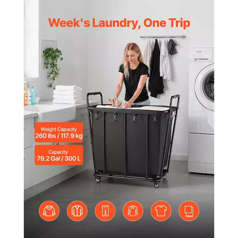 Chariot à linge VEVOR, chariot utilitaire roulant avec doublure imperméable et roues pivotantes, grande capacité de charge de 118 kg, panier de courses robuste, noir