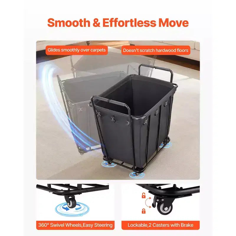 Chariot à linge VEVOR, chariot utilitaire roulant avec doublure imperméable et roues pivotantes, grande capacité de charge de 118 kg, panier de courses robuste, noir
