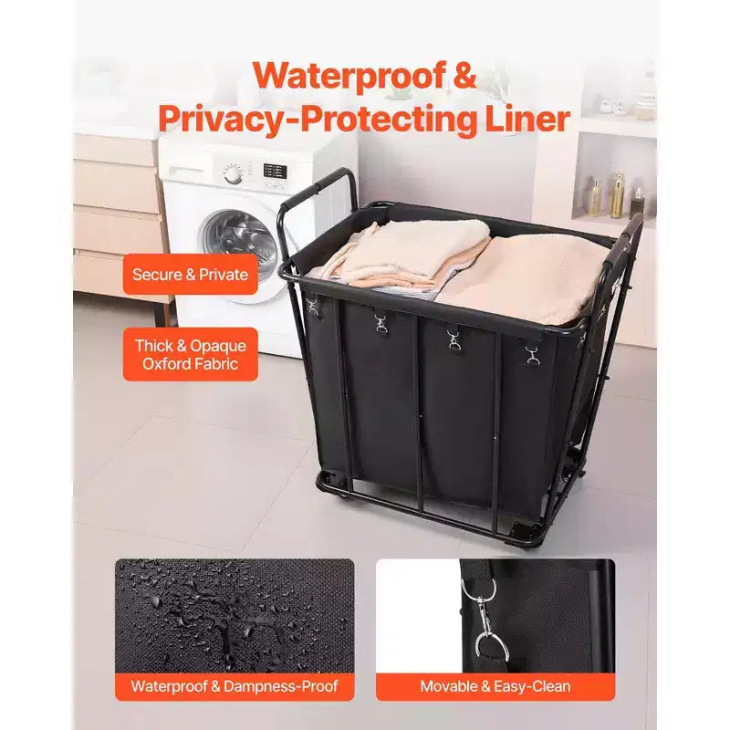 Chariot à linge VEVOR, chariot utilitaire roulant avec doublure imperméable et roues pivotantes, grande capacité de charge de 118 kg, panier de courses robuste, noir