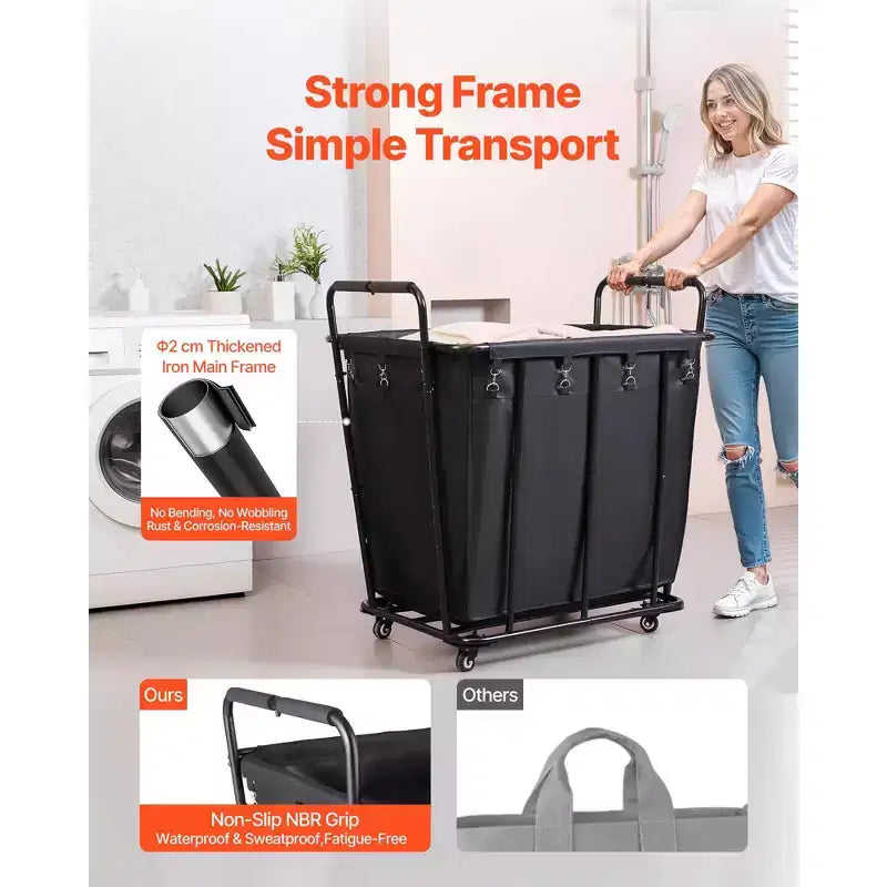 Chariot à linge VEVOR, chariot utilitaire roulant avec doublure imperméable et roues pivotantes, grande capacité de charge de 118 kg, panier de courses robuste, noir