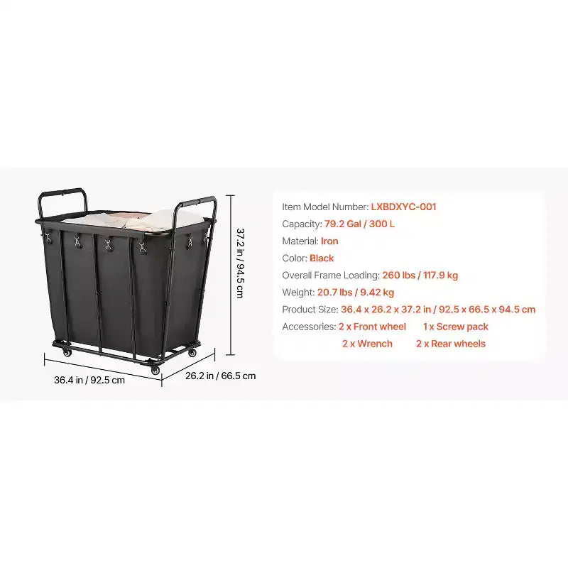 Chariot à linge VEVOR, chariot utilitaire roulant avec doublure imperméable et roues pivotantes, grande capacité de charge de 118 kg, panier de courses robuste, noir