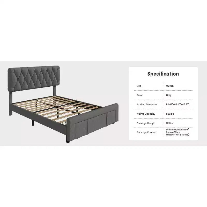 Cadre de lit plateforme rembourré avec tiroirs de rangement, lattes en bois robustes de couleur, aucun sommier tapissier requis