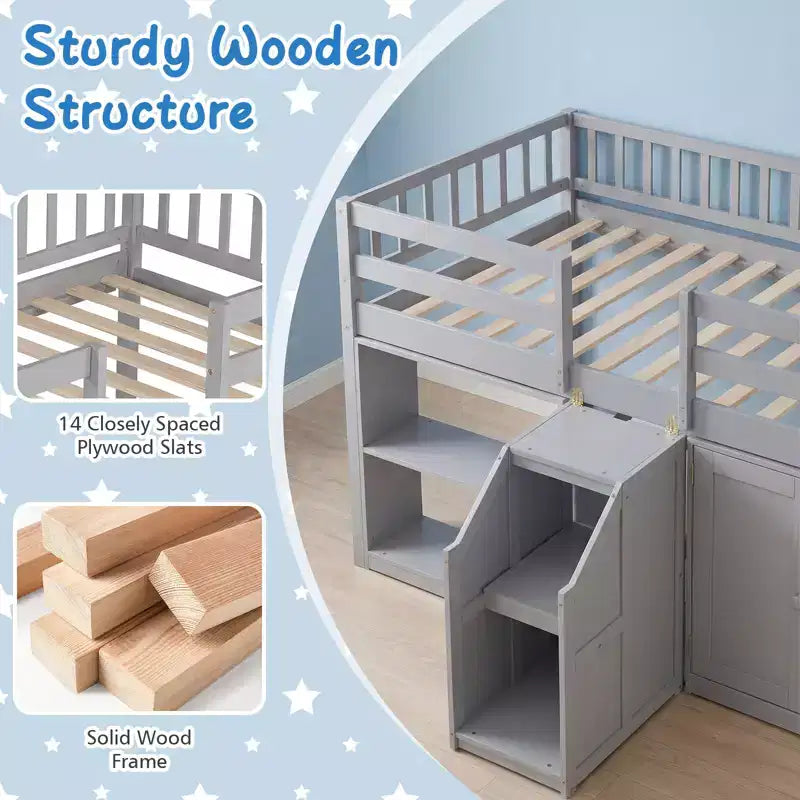 Lit mezzanine bas Costway avec lumière LED, escalier et garde-corps, lit jumeau moderne en bois pour enfants Blanc/Vert menthe/Gris