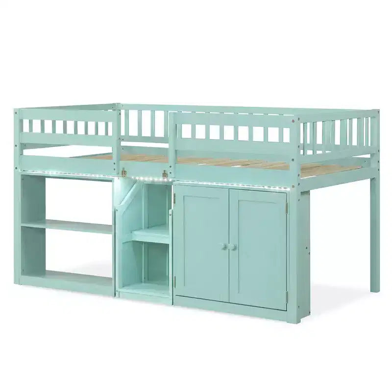 Lit mezzanine bas Costway avec lumière LED, escalier et garde-corps, lit jumeau moderne en bois pour enfants Blanc/Vert menthe/Gris