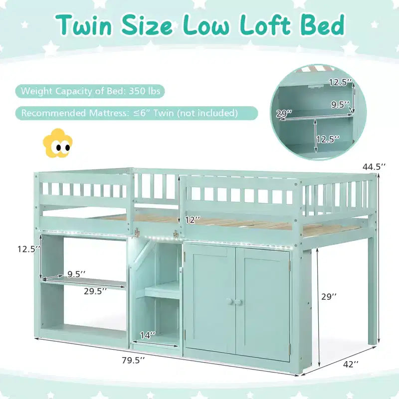 Lit mezzanine bas Costway avec lumière LED, escalier et garde-corps, lit jumeau moderne en bois pour enfants Blanc/Vert menthe/Gris