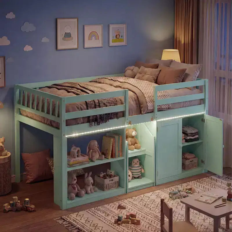 Lit mezzanine bas Costway avec lumière LED, escalier et garde-corps, lit jumeau moderne en bois pour enfants Blanc/Vert menthe/Gris