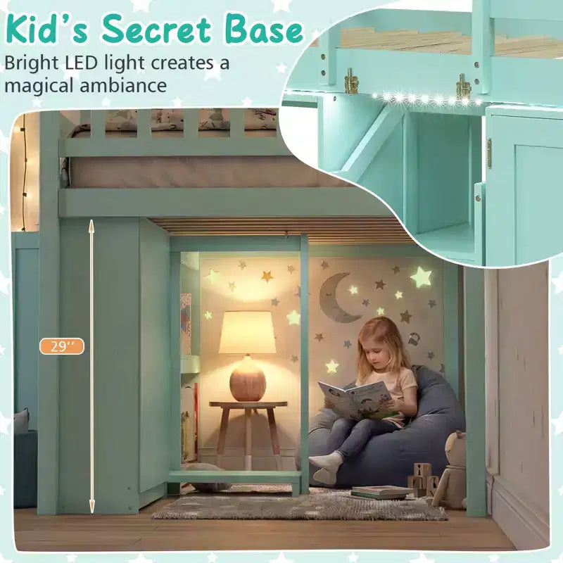 Lit mezzanine bas Costway avec lumière LED, escalier et garde-corps, lit jumeau moderne en bois pour enfants Blanc/Vert menthe/Gris