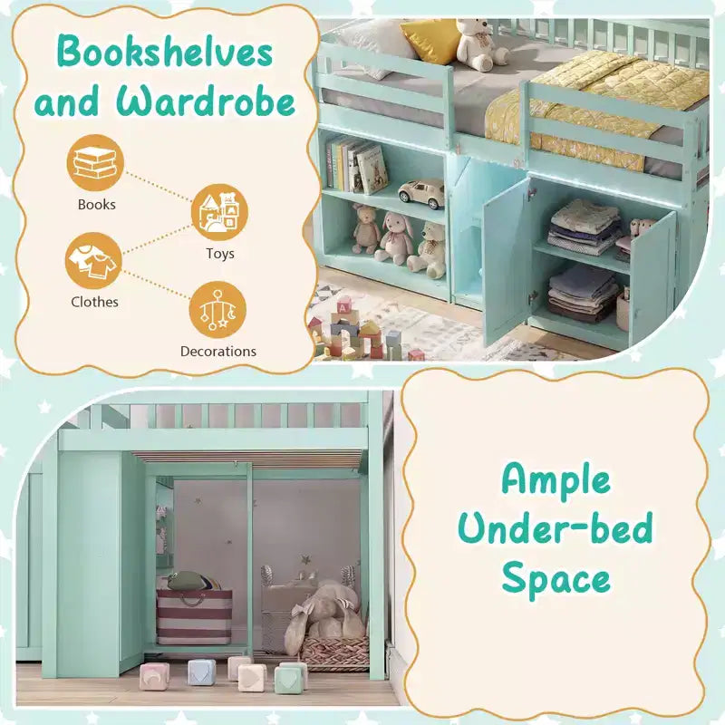 Lit mezzanine bas Costway avec lumière LED, escalier et garde-corps, lit jumeau moderne en bois pour enfants Blanc/Vert menthe/Gris