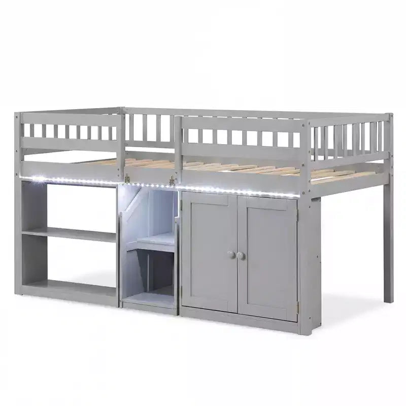 Lit mezzanine bas Costway avec lumière LED, escalier et garde-corps, lit jumeau moderne en bois pour enfants Blanc/Vert menthe/Gris