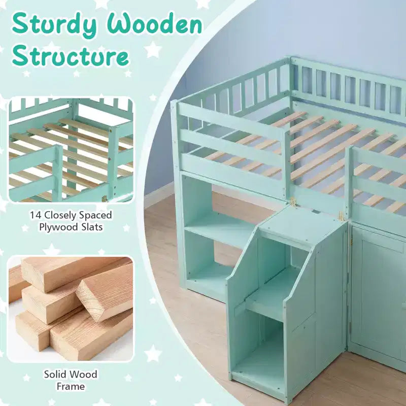 Lit mezzanine bas Costway avec lumière LED, escalier et garde-corps, lit jumeau moderne en bois pour enfants Blanc/Vert menthe/Gris