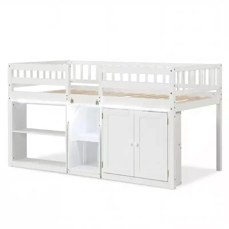 Lit mezzanine bas Costway avec lumière LED, escalier et garde-corps, lit jumeau moderne en bois pour enfants Blanc/Vert menthe/Gris