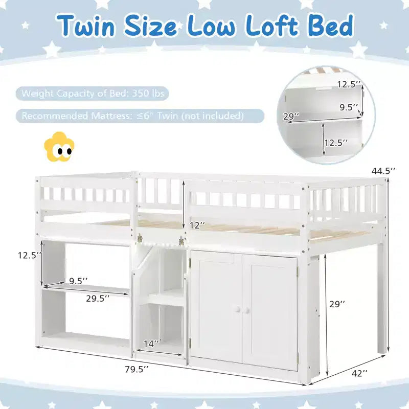 Lit mezzanine bas Costway avec lumière LED, escalier et garde-corps, lit jumeau moderne en bois pour enfants Blanc/Vert menthe/Gris