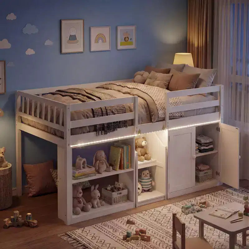 Lit mezzanine bas Costway avec lumière LED, escalier et garde-corps, lit jumeau moderne en bois pour enfants Blanc/Vert menthe/Gris