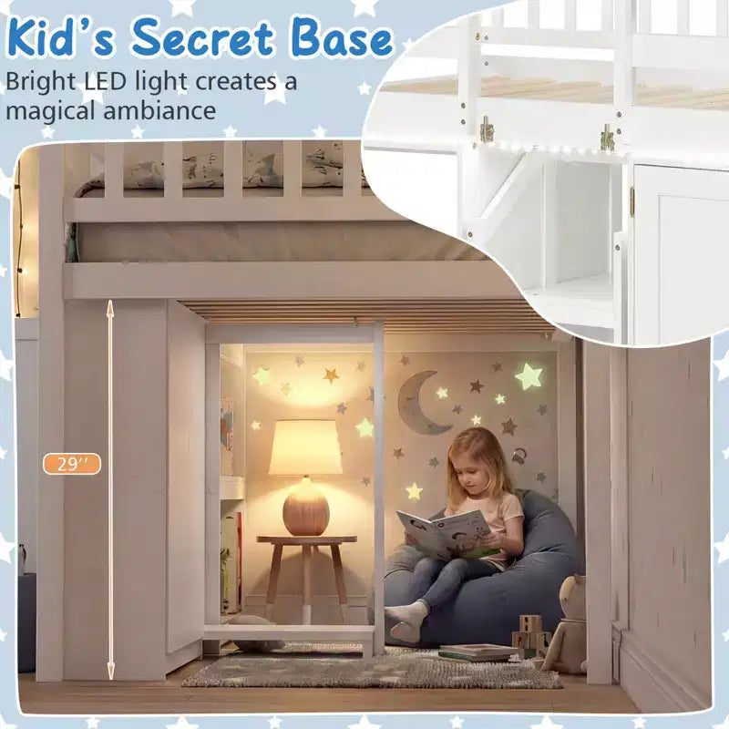 Lit mezzanine bas Costway avec lumière LED, escalier et garde-corps, lit jumeau moderne en bois pour enfants Blanc/Vert menthe/Gris