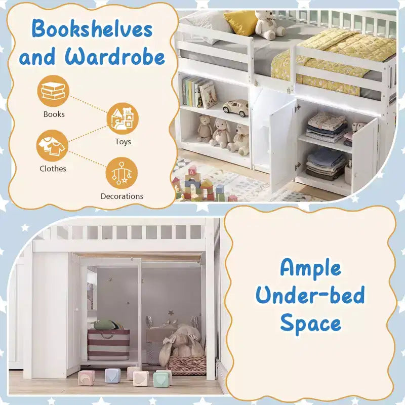 Lit mezzanine bas Costway avec lumière LED, escalier et garde-corps, lit jumeau moderne en bois pour enfants Blanc/Vert menthe/Gris