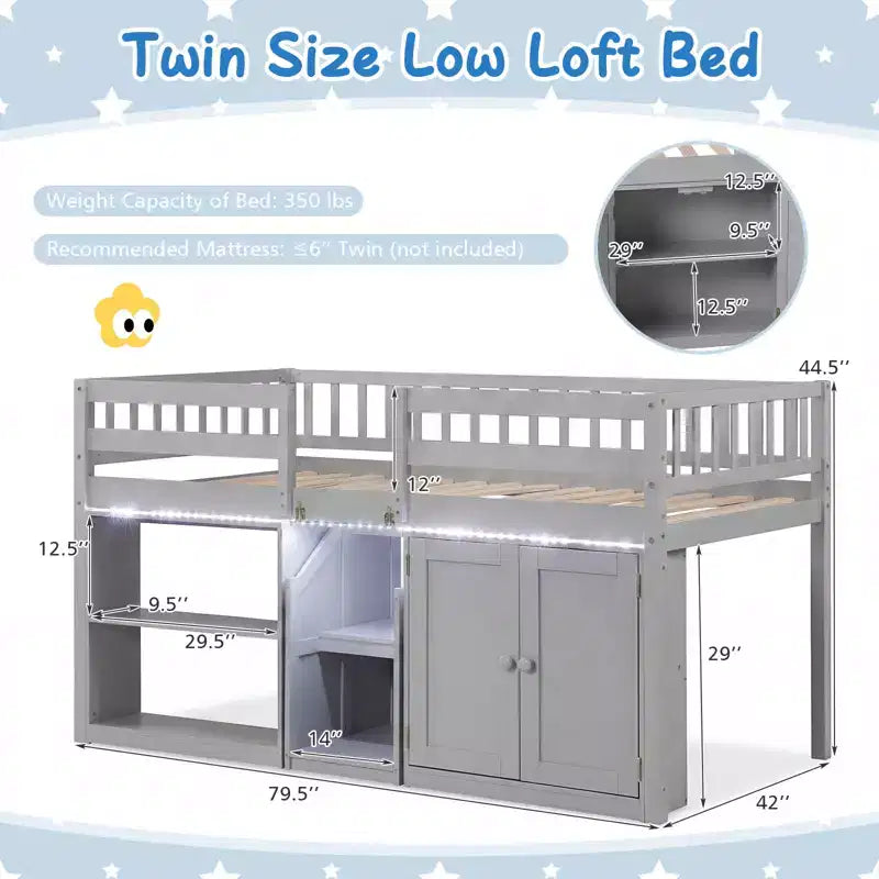Lit mezzanine bas Costway avec lumière LED, escalier et garde-corps, lit jumeau moderne en bois pour enfants Blanc/Vert menthe/Gris