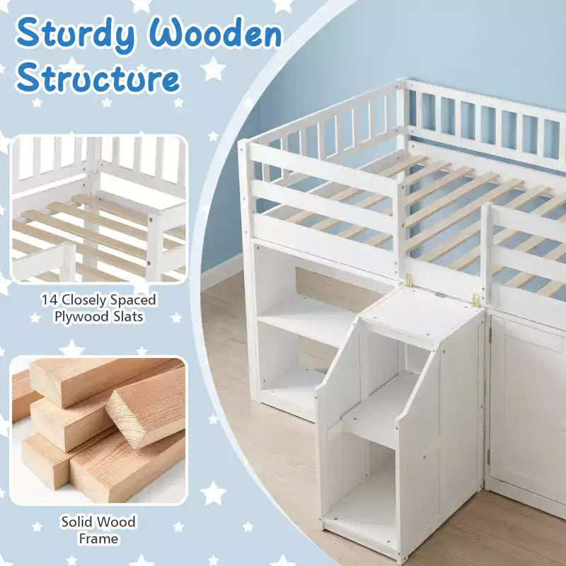 Lit mezzanine bas Costway avec lumière LED, escalier et garde-corps, lit jumeau moderne en bois pour enfants Blanc/Vert menthe/Gris